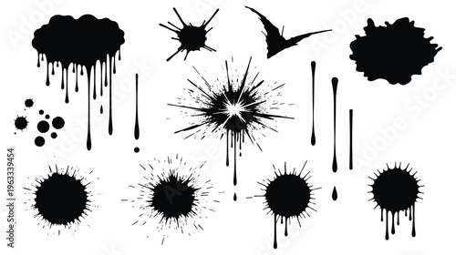Black ink splatters and drops on white background, abstract grunge elements for design