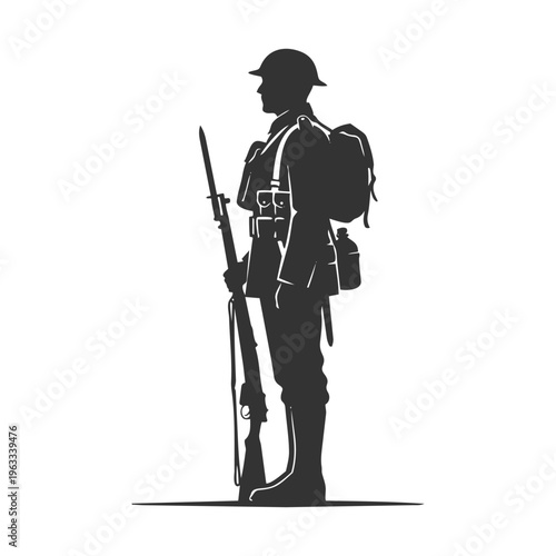 Silhouette depicts a World War One soldier standing in profile holding a rifle with a bayonet and full gear
