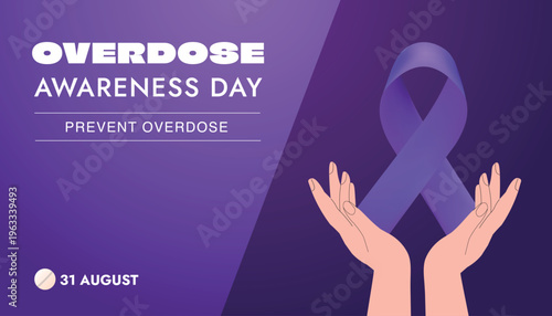 Overdose awareness day, 31 August, social banner, purple ribbon symbol, horizontal, social issues, concept, template background, vector