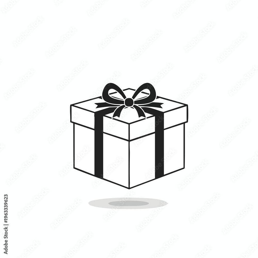 Fototapeta premium Simple black outline of a gift box with a bow and shadow