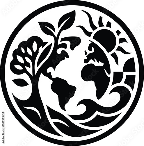 Black and white circular environmental logo with Earth, tree, sun, and waves, symbolizing sustainability.