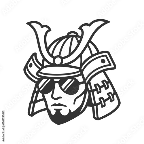 Samurai warrior wearing sunglasses and a modern helmet is depicted in this line art illustration