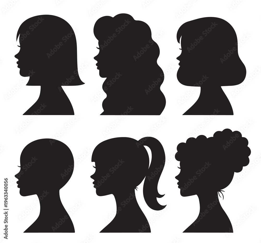 Fototapeta premium black and white vector silhouette set of a female portraits