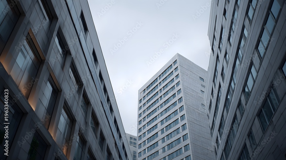 Obraz premium Modern architectural buildings with geometric facades and many under an overcast sky