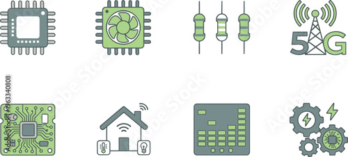 Electronic components and circuit hardware vector icon set featuring microchips processors resistors 5G technology and smart home symbols.