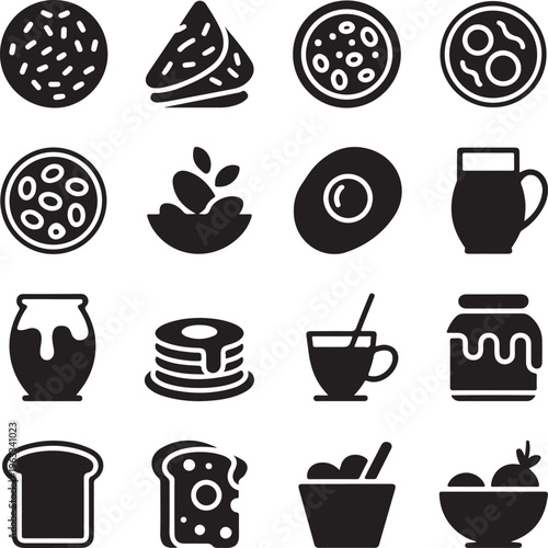 Black and white food and drink icons on white background
