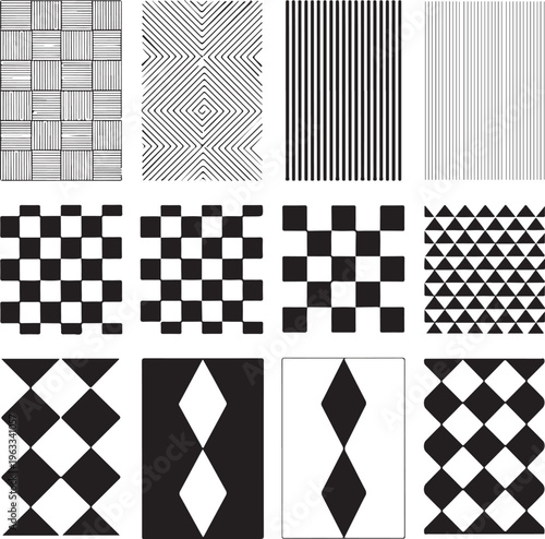 Black and white geometric patterns with various shapes and lines design elements