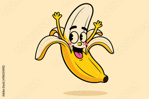 A cheerful cartoon banana jumping up.