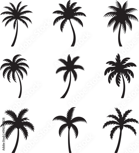 Collection of various palm tree silhouettes on white background