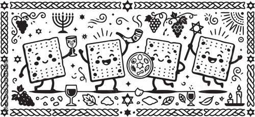 Playful Passover Holiday Banner with Cartoon Matzah Characters in Black Vector Style