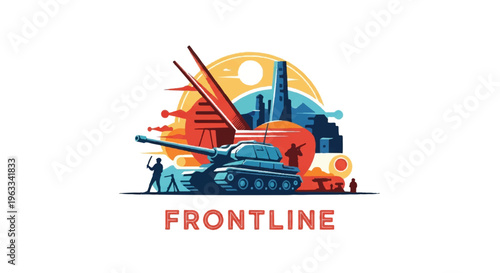 Military tank silhouette with city skyline and frontline text