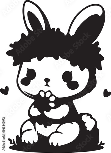 Cute cartoon bunny character silhouette with heart details, black and white illustration.