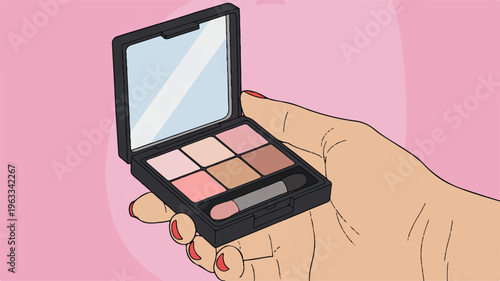 Hand with Palette: A well-manicured hand delicately holds an open makeup palette, revealing a selection of eyeshadow shades and a brush, against a soft, pink backdrop.