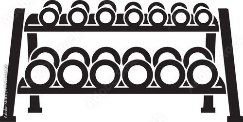 Dumbbells weights on rack in gym for workout and fitness equipment.