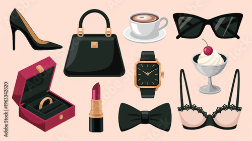 Elegant Accessories: A collection of sophisticated accessories, meticulously curated. including a high-heeled shoe, a purse, a coffee, sunglasses, a ring box with ring, a lipstick, a watch, a bow tie.