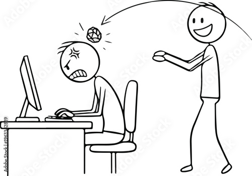 Cartoon of a person throwing a crumpled paper at another person working at a computer.