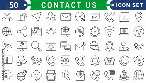 Contact Us icons in line style. Web and mobile icon. Chat, point, chat, support, message, phone, globe, call, info collection. Editable stroke. Vector illustration.