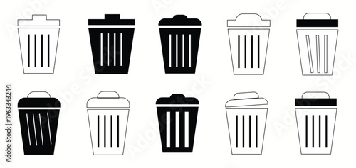 Delete trash bin with lid for permanent delete action UI icon vector icon set three style.  Black vector trash dustbin sign icon isolated elements. 