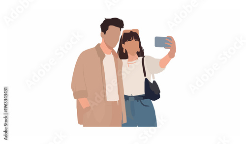Millennial Male and Female Characters Taking Selfie Vector Illustration Smart Casual Fashion Flat Style Isolated on White