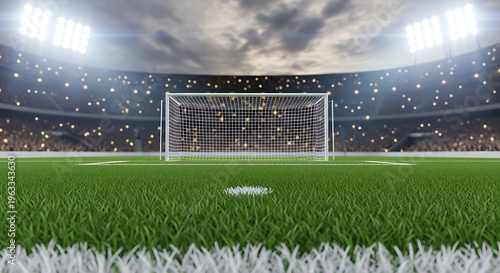 soccer field with goal at night under floodlights
