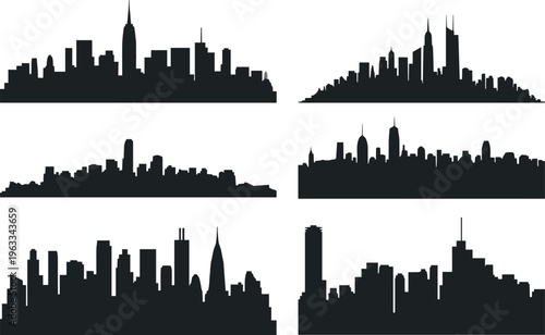 Set of six diverse city skyline silhouettes isolated on white background, black urban skyscraper panorama vectors for metropolitan landscape design and modern city architecture.