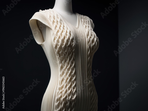 Textured 3D printed dress on mannequin in a dark setting