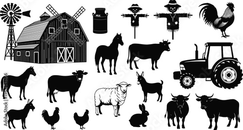 Farm Vector Silhouette Collection Featuring Barn Tractor Windmill Cow Horse Sheep Rooster Scarecrow And Rural Agriculture Elements Flavector Design Set