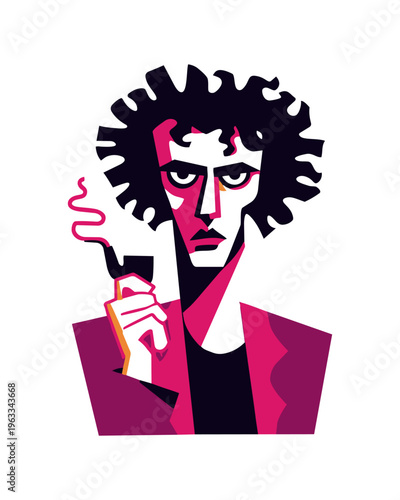 Modern Stylized Illustration of a Man with Curly Hair Smoking a Pipe in Bold Pink and Purple Colors
