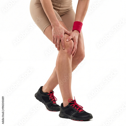 An athletic person experiencing severe knee pain grabs their injured joint during intense physical activity, isolated on transparent background