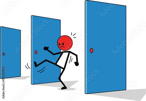 Stick figure with red face kicking a blue door in frustration.