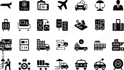Modern travel and transportation icons: airport, car, luggage, and delivery services
