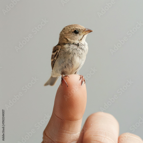 Tiny sparrow perching calmly on a human finger indoors