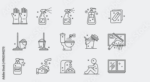 Cleaning and hygiene line icon set with household sanitation supplies and hand washing symbols for domestic service