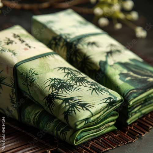 Traditional Asian bamboo pattern fabric items on woven mat