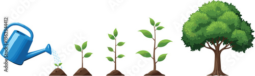 Plant Growth Stages Vector Set Featuring Watering Can and Tree Development from Seedling to Mature Plant for Gardening Nature and Environmental Illustration Design