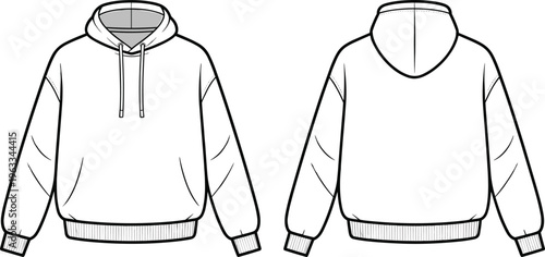 Technical flat sketch of a blank oversized hoodie sweatshirt featuring front and back views for fashion design and apparel manufacturing clothing templates