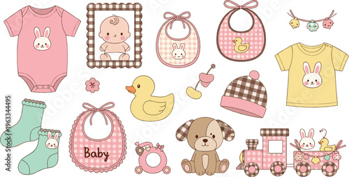 Cute baby clothes and toys vector set with bibs, onesies, duck, teddy bear and nursery items illustration