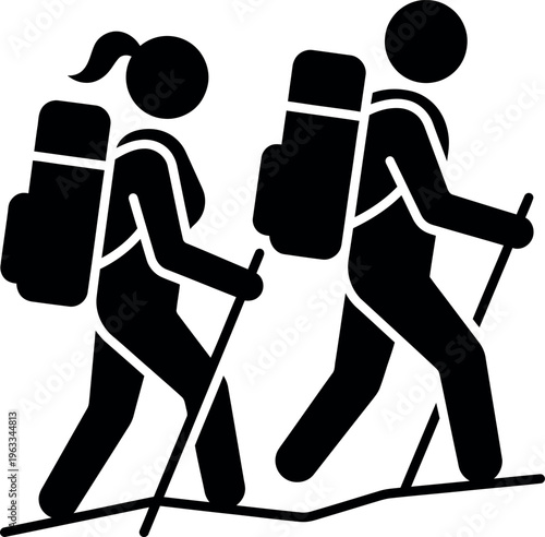 Hiking Couple Icon with Backpacks and Walking Poles Silhouette