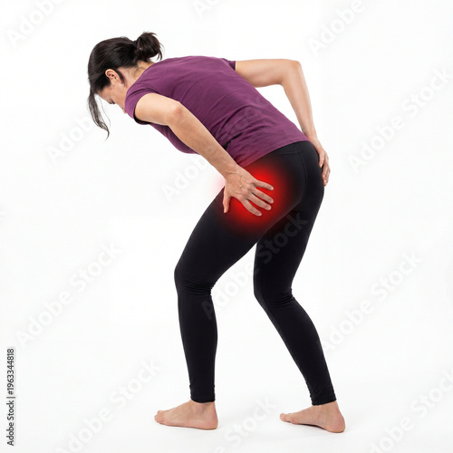 A woman experiences discomfort and sharp pain in her hip and gluteal area while bending over, isolated on transparent background