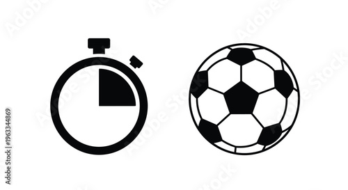 Soccer match time icons set with stopwatch and football ball vector flat minimalist symbols for sports app design