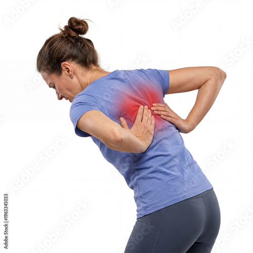 Middle-aged woman suffering from severe back pain holding her lower lumbar region with both hands, isolated on transparent background