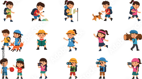 Kids Activity Vector Set Featuring Children Playing Learning Traveling and Exploring with Backpacks Pets and Outdoor Adventures for Education and Lifestyle Design