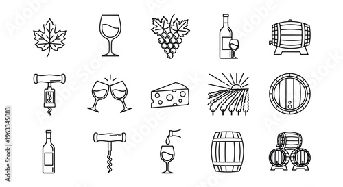 Winery and vineyard line icons set with wine bottle glass grapes barrel and corkscrew on white background