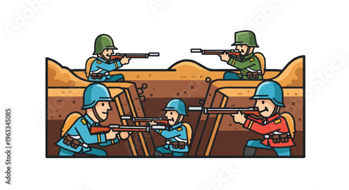 Soldiers in trenches aiming rifles military illustration