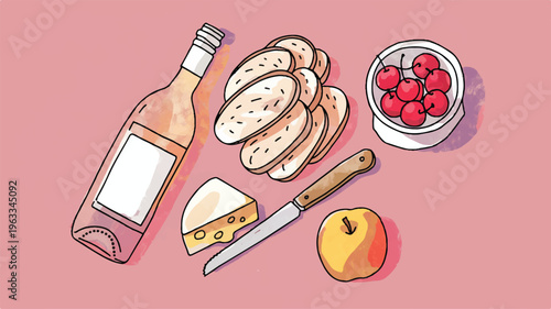 Wine and Delights: A delightful array of culinary pleasures with a bottle of rosé wine, sliced bread, a selection of ripe cherries, a wedge of cheese, and a crisp apple.