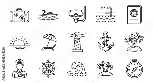 Summer travel and cruise line icons set with maritime symbols boat anchor palm trees on white background