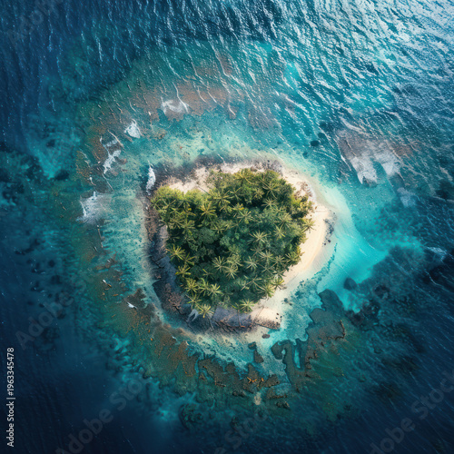Tropical heart island with palm trees in clear blue ocean