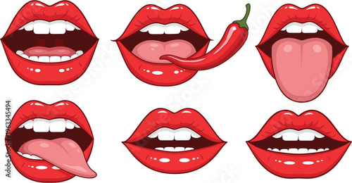 Sexy red lips set with different expressions open mouth tongue and smile vector illustration
