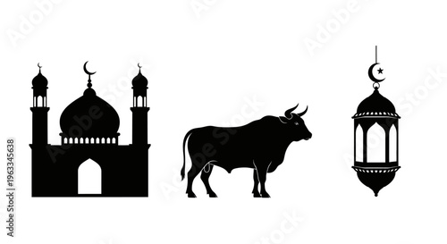 Silhouette of Cow and Mosque for Eid Ul Adha Festival
