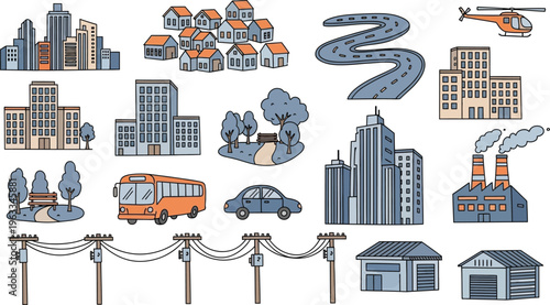 A collection of hand-drawn cartoon illustrations representing various elements of a city landscape, including buildings, transport, and infrastructure.